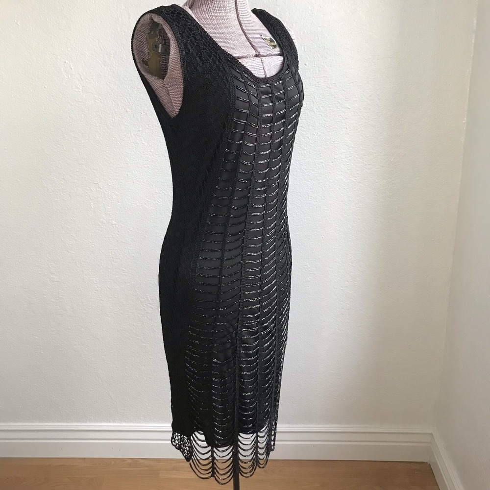 Vintage 90s Y2K Dress R&M Richards Black Beaded Crochet Gatsby Flapper Party M